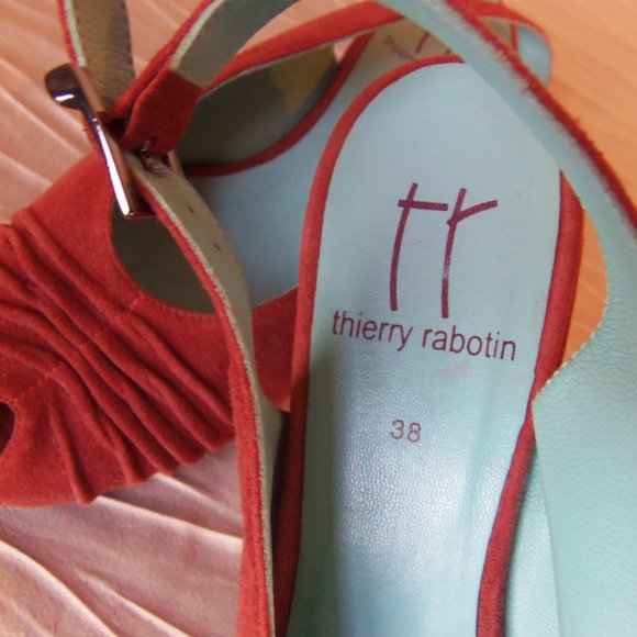 Thierry Rabotin Coral Red Suede Peep Toe Slingbacks sz 38 - Picture 6 of 9
